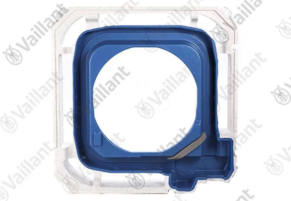 Vaillant Kondensatablauf in blauer Farbe, gestaltet für die Ableitung von Kondenswasser. Das Produkt zeigt eine rechteckige Form mit einer runden Aussparung.